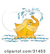 Poster, Art Print Of Cute Elephant Swimming And Showering Itself With A Spray Of Water From Its Trunk On A White Background