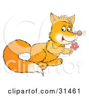 Clipart Illustration Of A Cute Fox Kit Holding A Red Daisy Flower