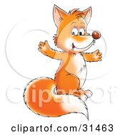 Poster, Art Print Of Happy Fox Kit With A Bushy Tail Sitting Up On Its Hind Legs And Holding Its Front Paws Out