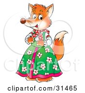 Clipart Illustration Of A Female Fox In A Green Floral Dress