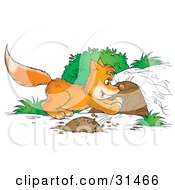 Clipart Illustration Of A Fox Kit Digging A Den Out Of A Mound Of Dirt Or Chasing A Rodent