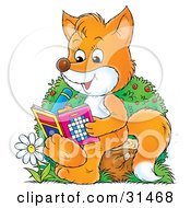 Smart Fox Sitting On A Tree Stump By A Flower Doing Puzzles In An Activity Book