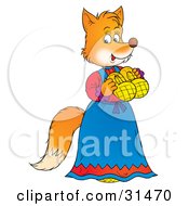 Poster, Art Print Of Female Fox In A Blue Dress Holding A Pair Of Shoes