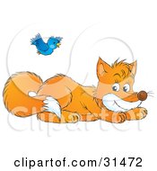 Clipart Illustration Of A Blue Bird Flying Over A Playful Fox Kit by Alex Bannykh