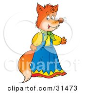 Clipart Illustration Of A Female Fox In A Blue And Yellow Dress Holding One Arm Out