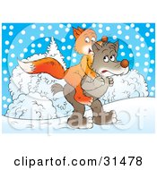 Poster, Art Print Of Wolf Carrying His Friend A Fox On His Back Through The Snow