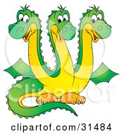 Poster, Art Print Of Cute Green Three Headed Dragon With Yellow Bellies And Necks