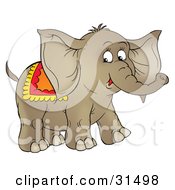 Poster, Art Print Of Cute Brown Circus Elephant With A Blanket On Its Back On A White Background