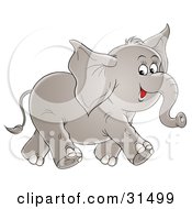 Poster, Art Print Of Adorable Gray Elephant Walking To The Right On A White Background