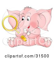 Clipart Illustration Of A Cute Pink Elephant Holding A Magnifying Glass In Its Trunk On A White Background