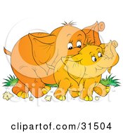 Clipart Illustration Of A Cute Baby Elephant Walking With Its Mother On A White Background by Alex Bannykh