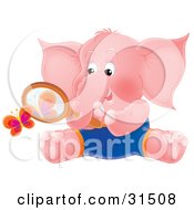 Pink Elephant Sitting On The Ground And Watching A Butterfly Through A Magnifying Glass On A White Background