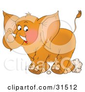 Poster, Art Print Of Cute Brown Elephant With Tusks Running And Stirring Up Dust On A White Background