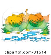 Clipart Illustration Of A Rear View Of Two Elephants On Shore Near The Waterfront On A White Background by Alex Bannykh