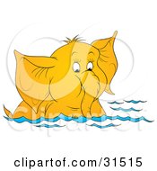 Poster, Art Print Of Cute Elephant Swimming And Sucking Water Up Through Its Trunk On A White Background
