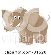 Poster, Art Print Of Cute Brown Elephant With Tusks On A White Background