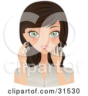 Poster, Art Print Of Beautiful Brunette Woman With Green Eyes Touching Her Cheek And Earring And Facing Front