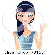 Poster, Art Print Of Prettty Caucasian Woman With Dark Hair And Big Blue Eyes Wearing A Blue Headband With Flowers And A Blue Dress Facing Front And Waving