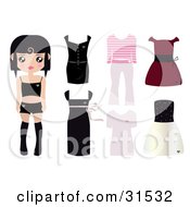 Clipart Illustration Of A Black Haired Paper Doll Girl Wearing Undergarments With Dresses And Outfits To The Right by Melisende Vector