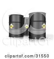 Poster, Art Print Of 3d Black Barrels Of Oil With Yellow Labels