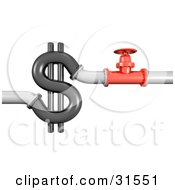 Clipart Illustration Of A Red 3d Shut Off Valve Near A Black Pipe In The Shape Of A Dollar Symbol Symbolizing Wasting Money Plumbing Costs And Debt by Frog974