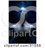Clipart Illustration Of A Man Facing Front Against A Starry Universe With A Blue Flare Above His Head Symbolizing Meditation And Knowledge