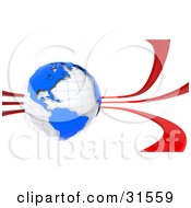 Clipart Illustration Of A White Globe With Blue Continents Surrounded By Red Waves Symbolizing Communication Pollution Or Travel