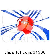 Clipart Illustration Of A White Globe With Red Continents Surrounded By Blue Waves Symbolizing Communication Or Travel