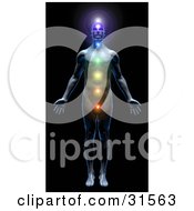 Clipart Illustration Of A Male Body With All Seven Chakras Activated And Illuminated Symbolizing Peace Self Health And Meditation by Tonis Pan