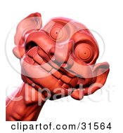 Poster, Art Print Of Red Sculpted Goblin Head With Big Ears Grinning Foolishly