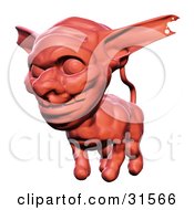 Evil Red Sculpted Creature With Torn Ears Grinning