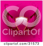 Clipart Illustration Of A Heraldic Pink Shield With Wings Vines And Flowers On A Pink Background With Grunge Splatters by elaineitalia