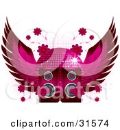Two Speakers With Flowers And Vines In Front Of A Pink Winged Disco Ball
