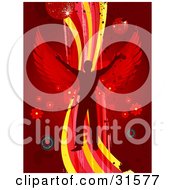Clipart Illustration Of A Silhouetted Man With Red Wings Dancing On A Wave Of Yellow Pink And Red On A Red Background With Splatters Speakers Flowers And Disco Balls by elaineitalia