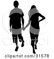 Poster, Art Print Of Young Couple Walking And Holding Hands Silhouetted In Black