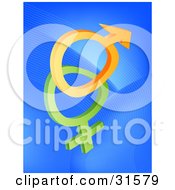 Poster, Art Print Of Orange And Green Male And Female Sex Symbols On A Blue Background With Faint Waves Symbolizing Fertility