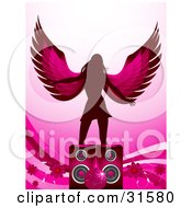 Poster, Art Print Of Winged Silhouetted Woman Dancing Behind Speakers With Flowers Waves And A Pink Disco Ball
