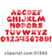 Poster, Art Print Of Font Set Of Red Letters Numbers And An Exclamation Point