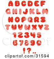 Red Font Set Of Numbers Letters And Punctuation Marks With Orange Spots