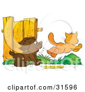 Poster, Art Print Of Dog Distracted From Fetching A Stick Chasing An Orange Cat