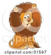 Young Male Lion With A Big Brown Mane Sitting And Smiling