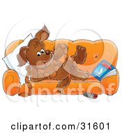 Clipart Illustration Of A Puppy Relaxing On An Orange Couch Holding A String Of Sausages by Alex Bannykh