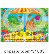 Poster, Art Print Of Dog Chasing A Ball Through A Playground As Birds Frolic In A Sand Box