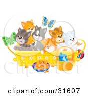 Poster, Art Print Of Butterfly Over A Litter Of Colorful Kittens In A Basket With Food And A Ball On The Floor