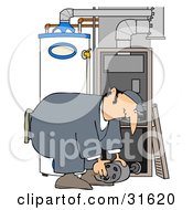 White Furnace Repair Man Bending Over While Working On A Piece