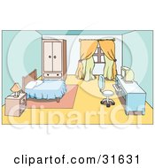 Poster, Art Print Of Bedroom Interior Of A Nightstand Bed And Computer Desk