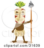 Poster, Art Print Of Tribal Man In A Grass Skirt And Mask Facing Front And Holding A Spear