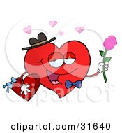 Poster, Art Print Of Romantic Red Heart Character In A Bowtie And Hat Holding A Pink Roses And Box Of Valentines Day Candy For His Date