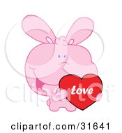 Poster, Art Print Of Cute Pink Bunny Holding Up A Red Heart Valentine