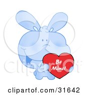 Poster, Art Print Of Cute Blue Bunny With Blushed Cheeks Holding Up A Red Heart Valentine